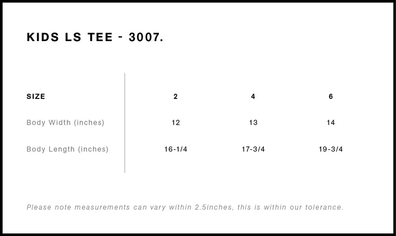 Size Chart for AS Colour Kids Staple L/S Tee 3007