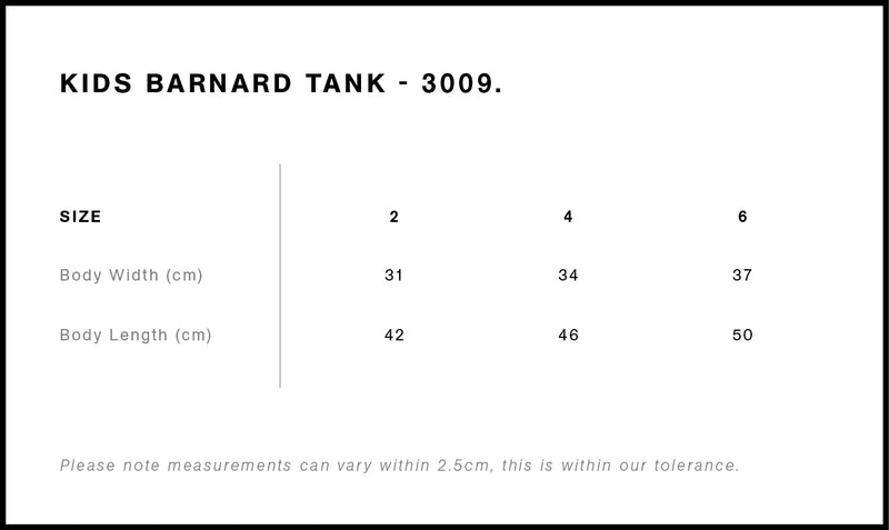 Size Chart for AS Colour Kids Barnard Tank 3009