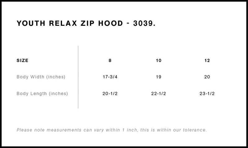 Size Chart for AS Colour Youth Relax Zip Hood 3039