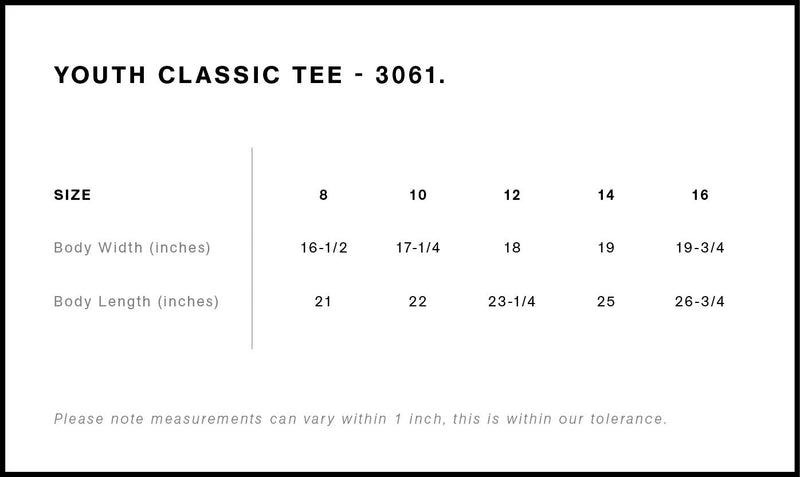 Size Chart for AS Colour Youth Classic Tee 3061