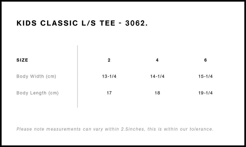 Size Chart for AS Colour Kids Classic L/S Tee 3062
