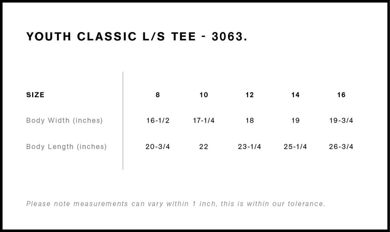 Size Chart for AS Colour Youth Classic L/S Tee 3063