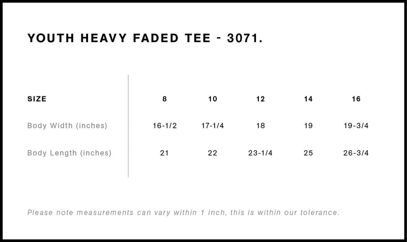 Size Chart for AS Colour Youth Heavy Faded Tee 3071