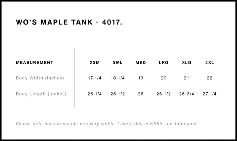Size Chart for AS Colour Wo's Maple Tank 4017