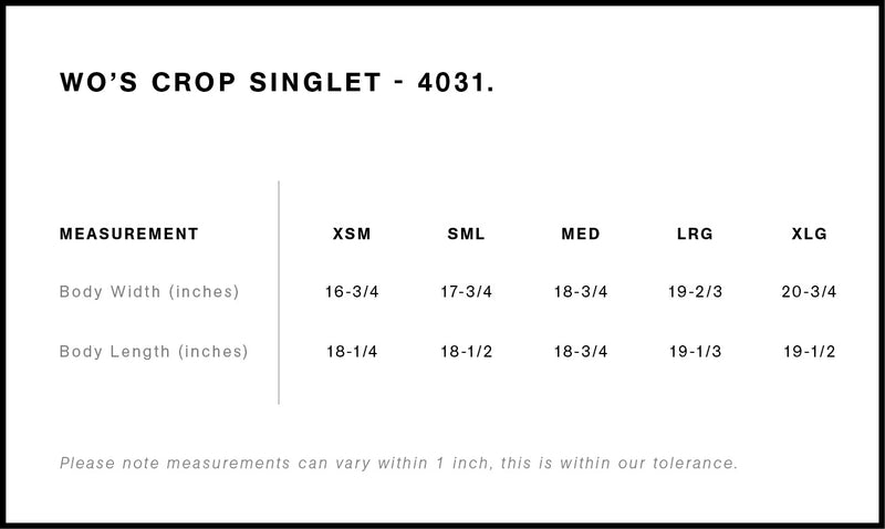 Size Chart for AS Colour Wo's Crop Singlet 4031