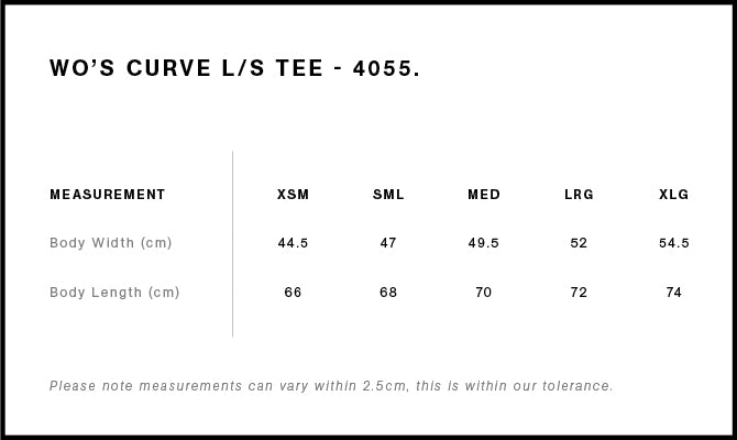 Size Chart for AS Colour Wo's Curve L/S Tee 4055