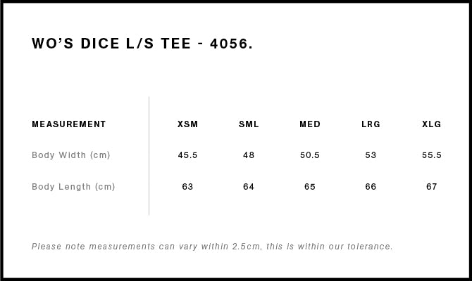 Size Chart for AS Colour Wo's Dice L/S Tee 4056