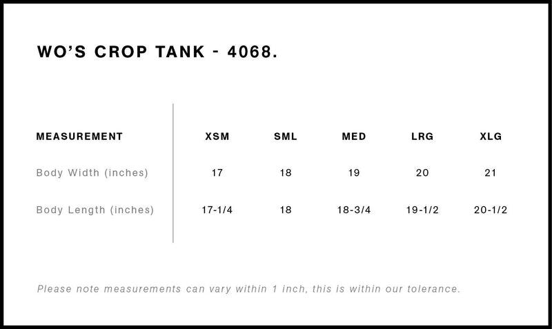 Size Chart for AS Colour Wo's Crop Tank 4068