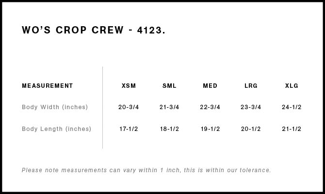 Size Chart for AS Colour Wo's Crop Crew 4123