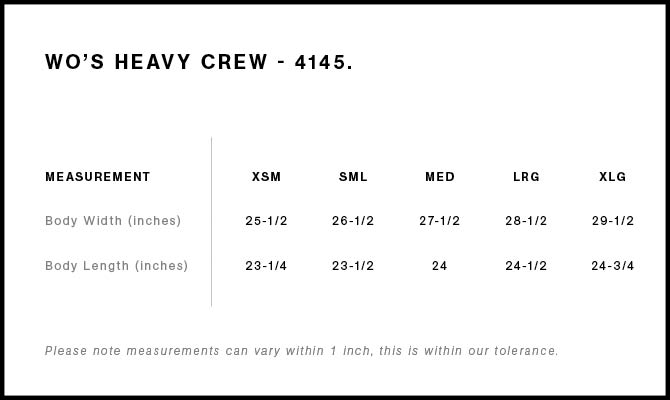 Size Chart for AS Colour Wo's Heavy Crew 4145