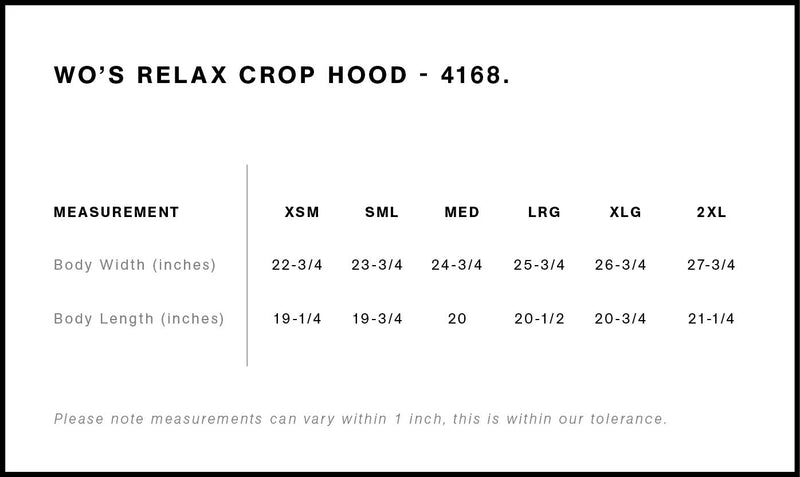 Size Chart for AS Colour Wo's Relax Crop Hood 4168