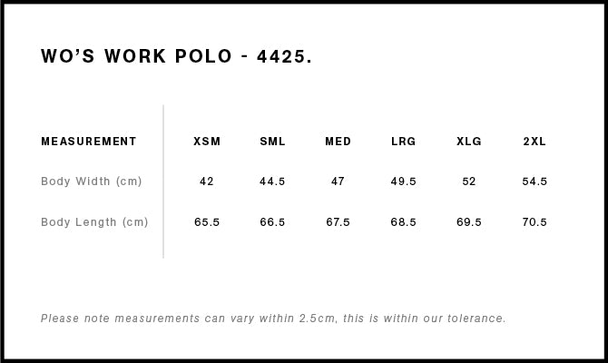 Size Chart for AS Colour Wo's Active Work Polo 4425