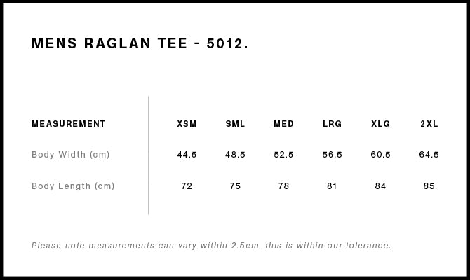 Size Chart for AS Colour Raglan Tee 5012