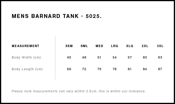 Size Chart for AS Colour Barnard Tank 5025