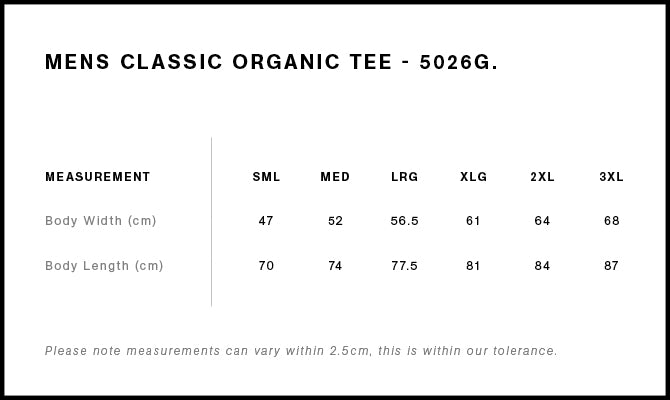 Size Chart for AS Colour Classic Organic Tee 5026G