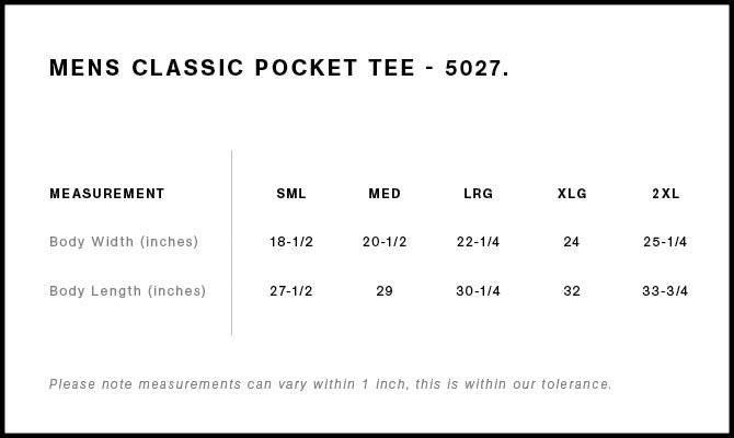 Size Chart for AS Colour Classic Pocket Tee 5027