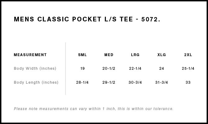 Size Chart for AS Colour Classic Pocket L/S Tee 5072