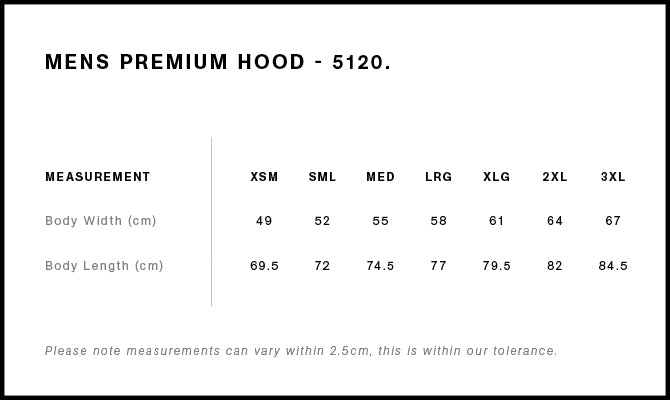 Size Chart for AS Colour Premium Hood 5120