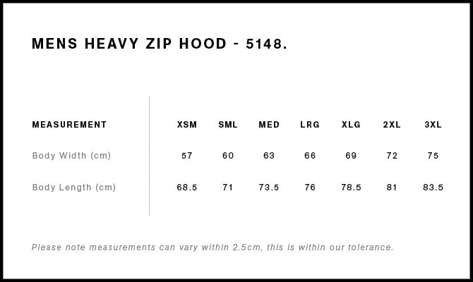 Size Chart for AS Colour Heavy Zip Hood 5148
