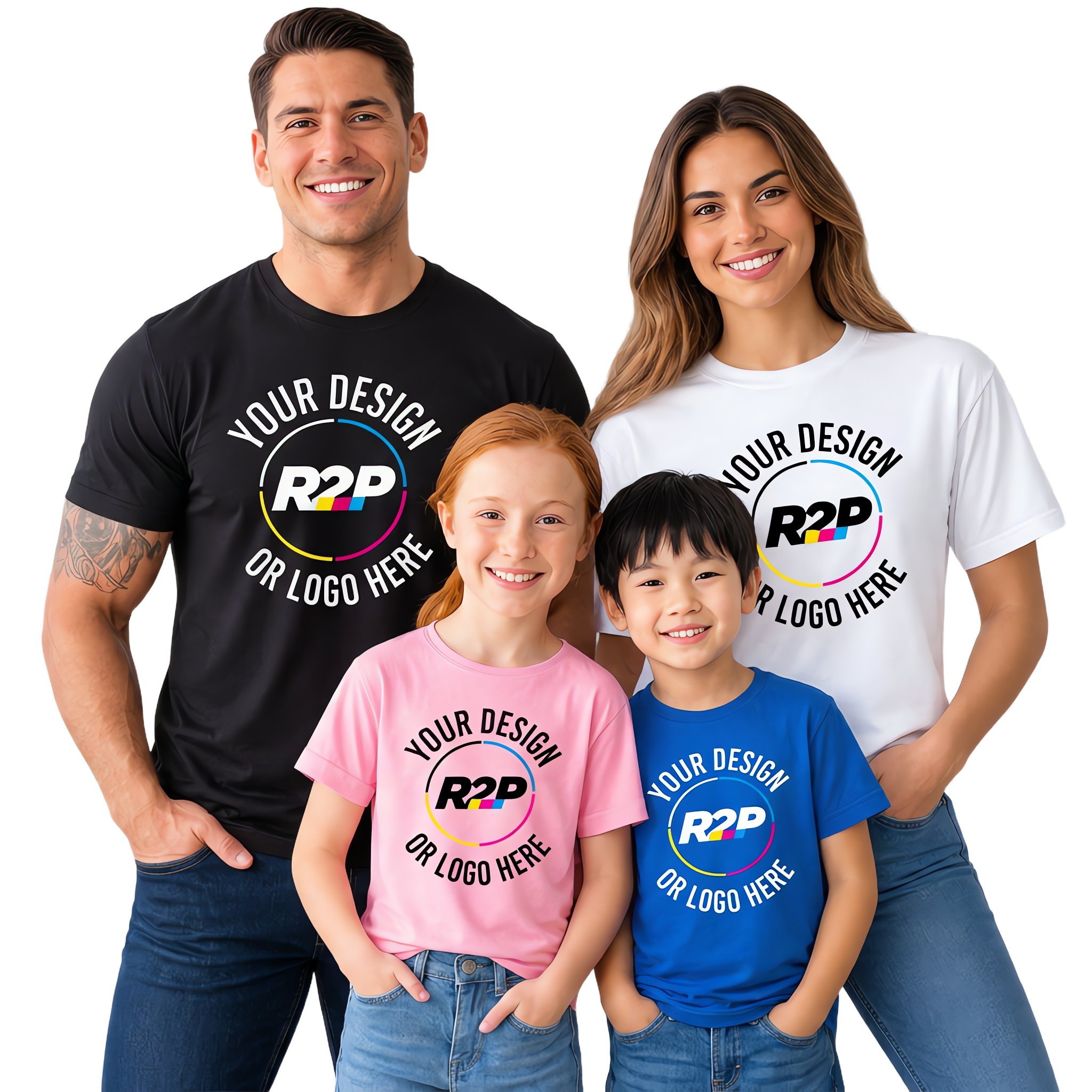 Parents and children wearing custom READY2PRESS T-shirts