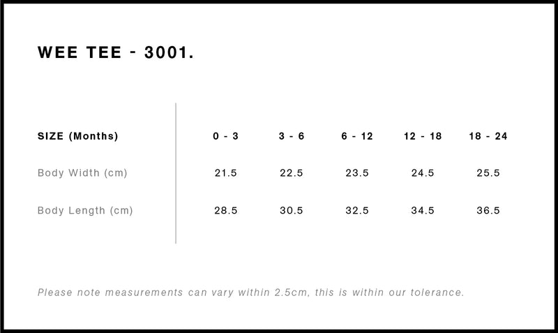 Size Chart for AS Colour Organic Infant Wee Tee 3001