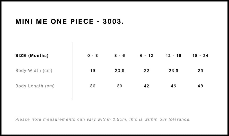 Size Chart for AS Colour Organic Infant Mini-Me One-Piece 3003