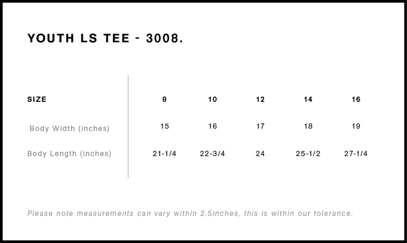 Size Chart for AS Colour Youth Staple L/S Tee 3008