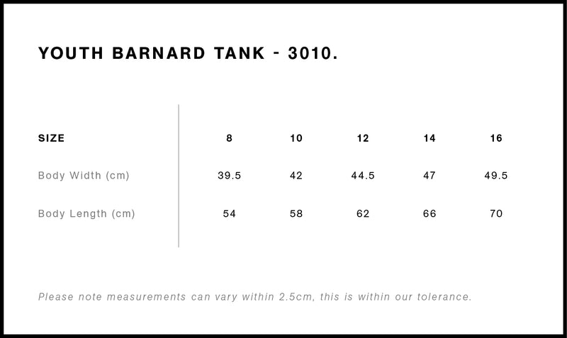 Size Chart for AS Colour Youth Barnard Tank 3010