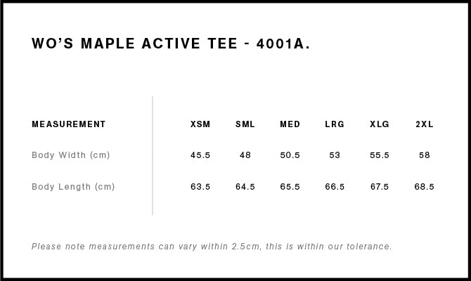 Size Chart for AS Colour Wo's Maple Active Tee 4001A
