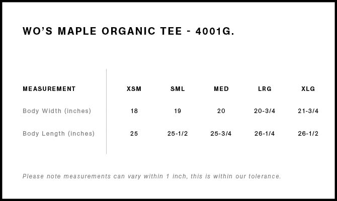Size Chart for AS Colour Wo's Maple Organic Tee 4001G