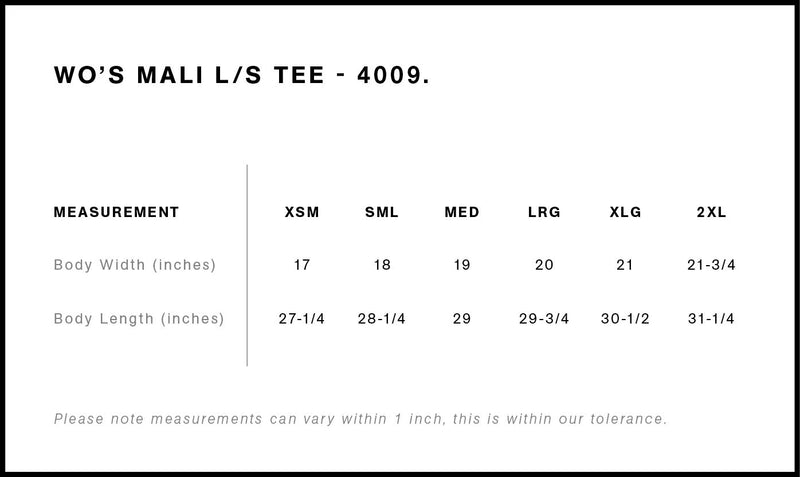 Size Chart for AS Colour Wo's Mali L/S Tee 4009