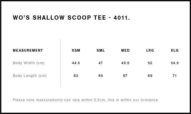 Size Chart for AS Colour Wo's Shallow Scoop Tee 4011