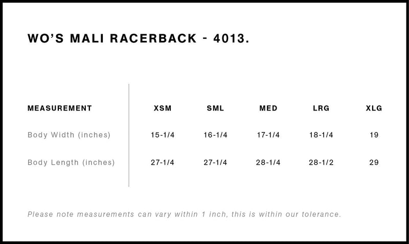 Size Chart for AS Colour Wo's Mali Racerback 4013