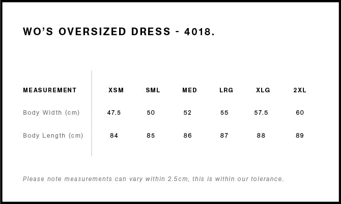 Size Chart for AS Colour Wo's Oversized Dress 4018
