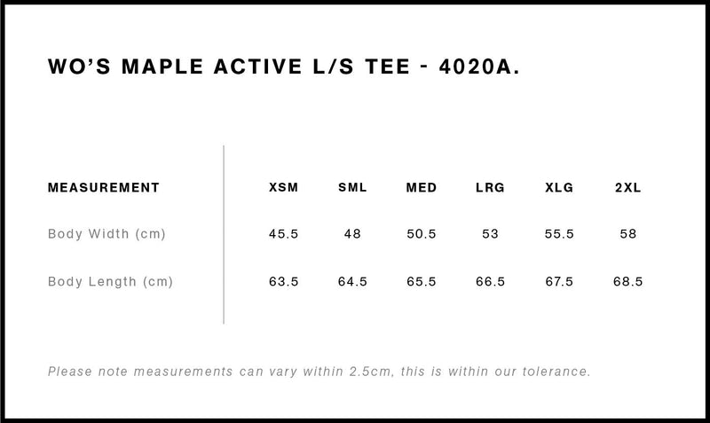 Size Chart for AS Colour Wo's Maple Active L/S Tee 4020A