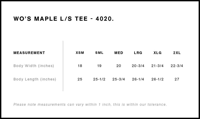 Size Chart for AS Colour Wo's Maple L/S Tee 4020