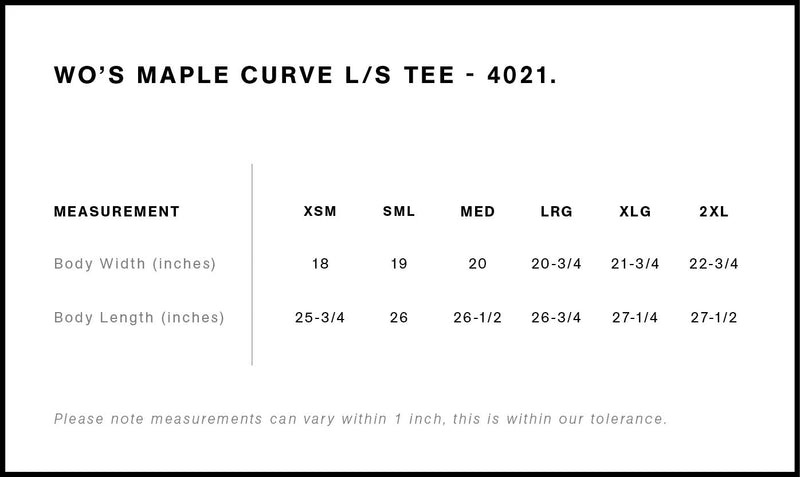 Size Chart for AS Colour Wo's Maple Curve L/S Tee 4021