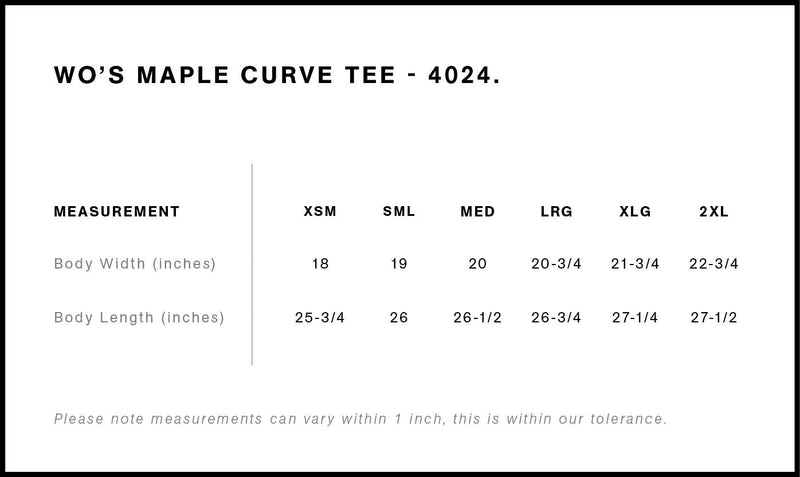 Size Chart for AS Colour Wo's Maple Curve Tee 4024