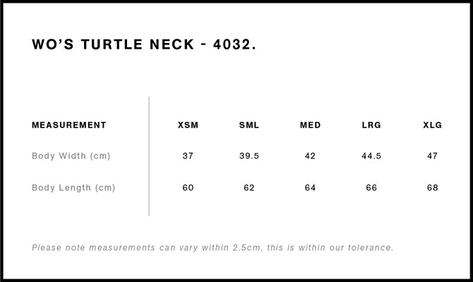 Size Chart for AS Colour Wo's Turtle Neck 4032