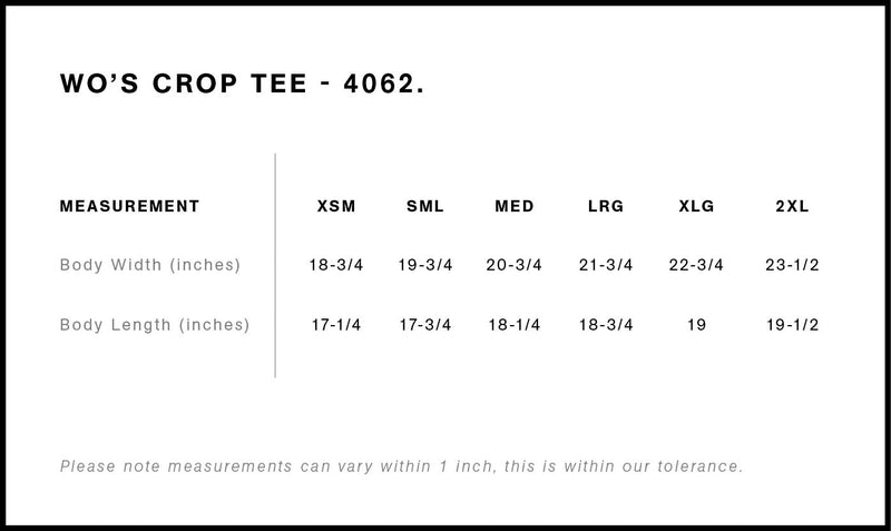 Size Chart for AS Colour Wo's Crop Tee 4062