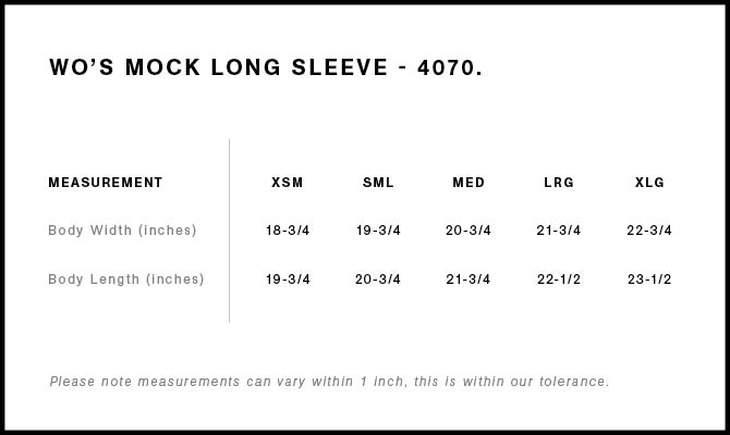 Size Chart for AS Colour Wo's Mock L/S Tee 4070