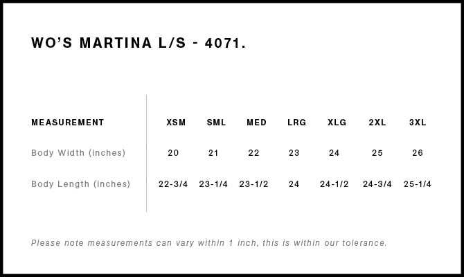 Size Chart for AS Colour Wo's Martina L/S Tee 4071
