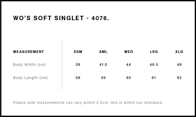 Size Chart for AS Colour Wo's Soft Singlet 4076
