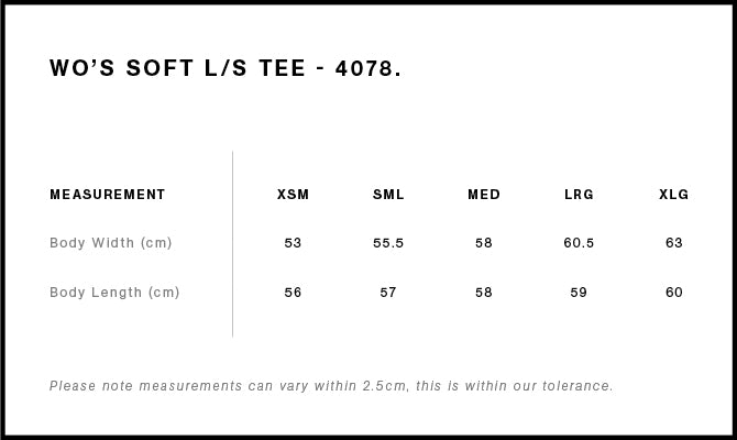 Size Chart for AS Colour Wo's Soft L/S Tee 4078