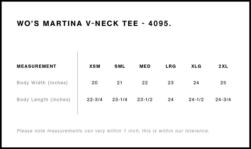 Size Chart for AS Colour Wo's Martina V Neck Tee 4095