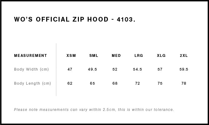 Size Chart for AS Colour Wo's Official Zip Hood 4103