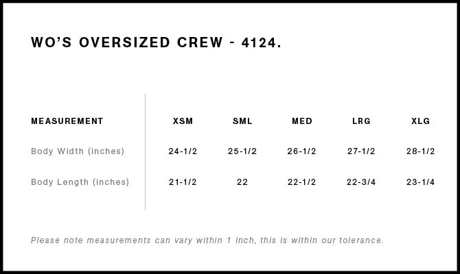 Size Chart for AS Colour Wo's Supply Oversized Crew 4124
