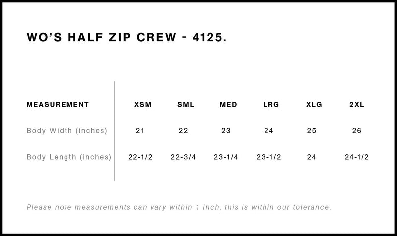 Size Chart for AS Colour Wo's Stencil Half Zip Crew 4125