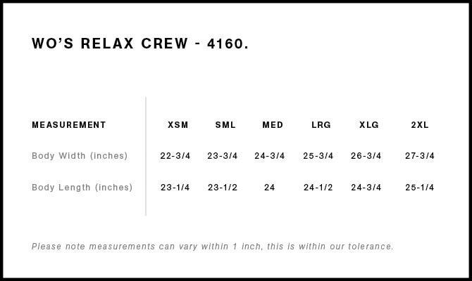 Size Chart for AS Colour Wo's Relax Crew 4160