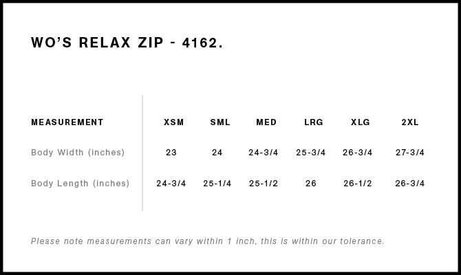 Size Chart for AS Colour Wo's Relax Zip Hood 4162